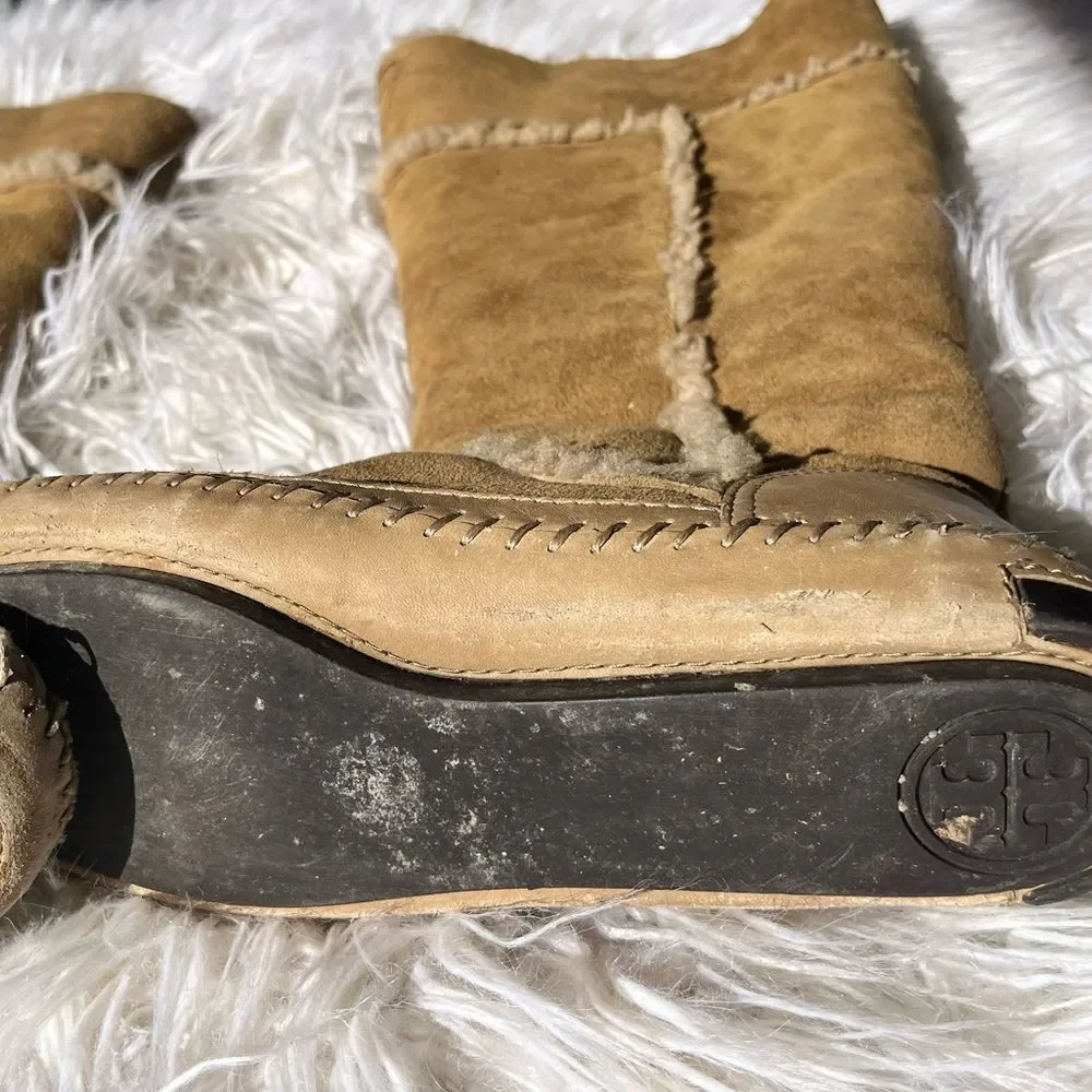 Tory Burch Camel Leather Suede Shearling Tall Reva Moccasin Boots
